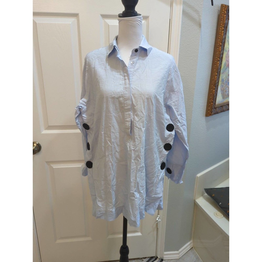 Zara Basic Tunic Long Sleeve Oversized Light Blue Cotton Blouse Top Size XS